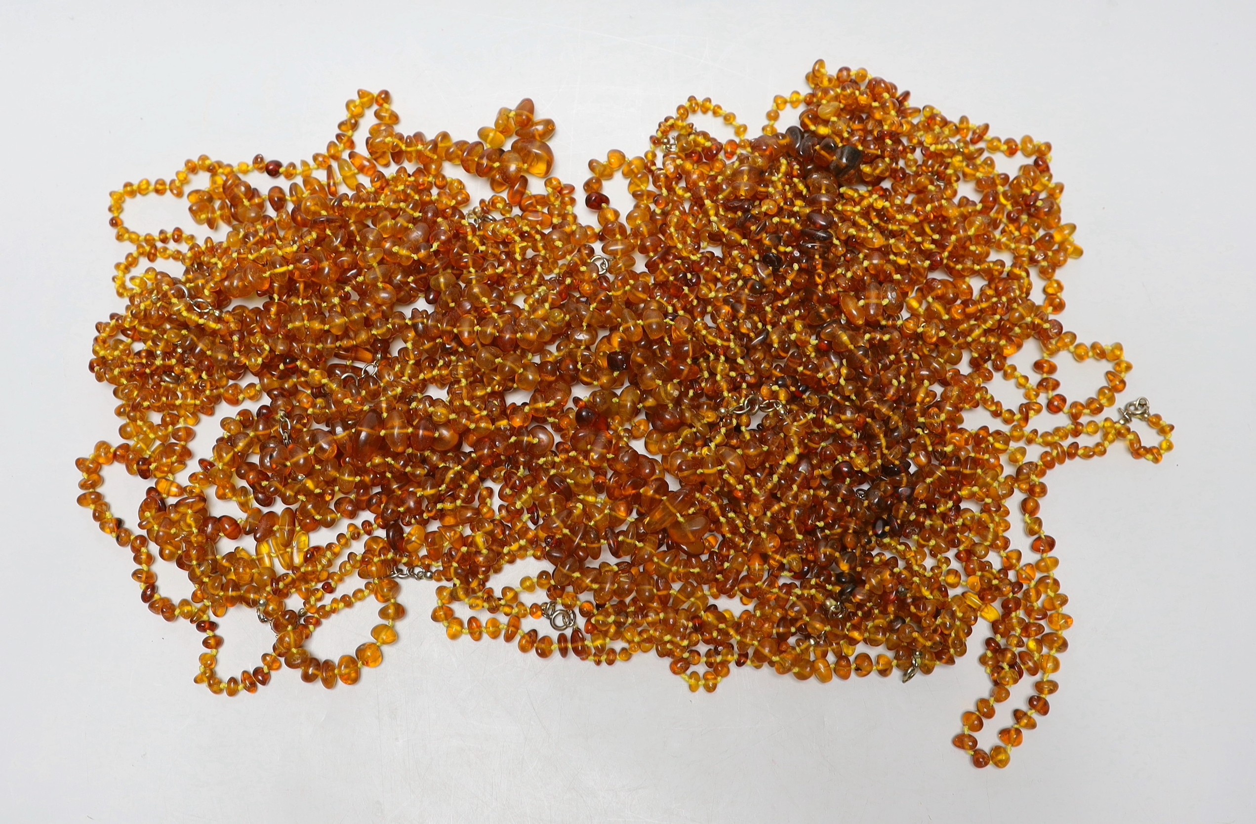 A collection of amber necklaces.